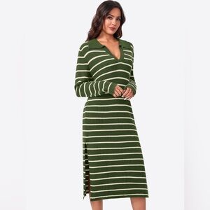 Green & White Striped Knit Polo Midi Dress Size S | V-Neck Collar